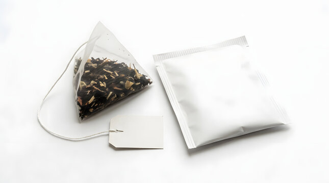 Pyramid Tea Bag and Paper Envelope Sachet Mockup | Blank Packaging Mockup for Herbal Tea | Clean White Tea Bag Display