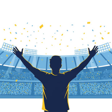 Back view silhouette of a player with arms raised high facing a massive stadium crowd with raining confetti, high energy atmosphere, blue and yellow palette, minimalist flat vector artwork,