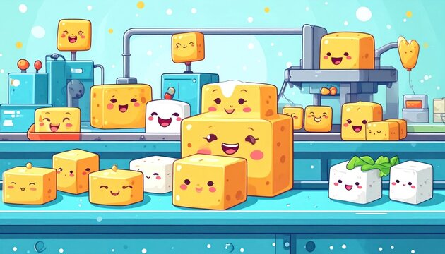 Cute cartoon characters on automated factory assembly line.