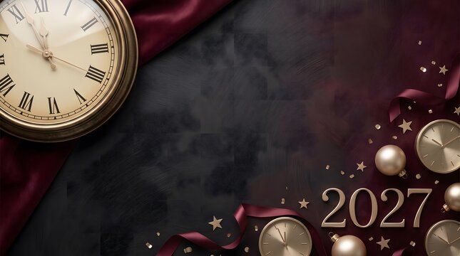 Antique gold clock face and 2027 typography on dark textured background with ribbons and ornaments offers dramatic midnight countdown aesthetic style.