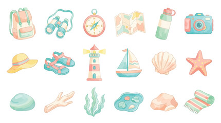Fototapeta premium Set of cute watercolor travel and summer vacation elements isolated on white background.