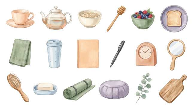 Set of watercolor illustrations featuring various daily routine items and breakfast objects isolated on white background.