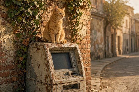 Orange tabby cat sitting on an old rusty ATM machine. Abandoned cash dispenser on a cobblestone street with a brick wall and ivy. Urban decay and stray animal concept in warm golden hour sunlight