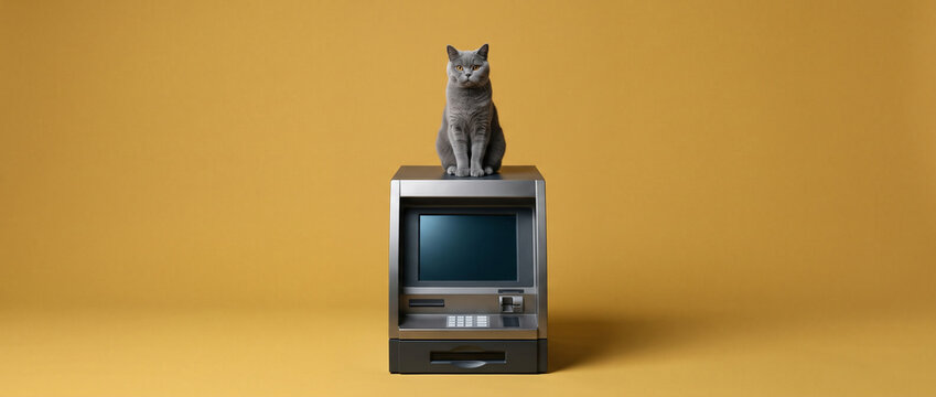 Gray British Shorthair cat sitting on ATM machine. Automated teller terminal on yellow background with copy space. Banking and finance security concept