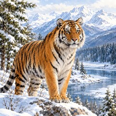 Obraz premium Siberian Tiger in a Snowy Mountain Wilderness