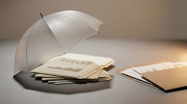 Bad faith insurance concept shown with a small white umbrella protecting important claims paperwork on a desk.