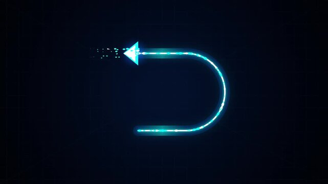 Glowing neon uturn arrow symbol with particles and motion trail effect