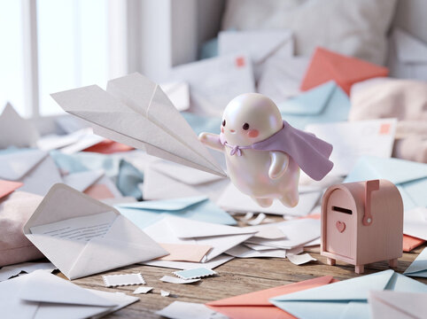 Cute pearlescent superhero character flying to catch a paper airplane. Little helper in a purple cape sorting through a messy pile of mail and envelopes on a wooden table. Fast delivery concept