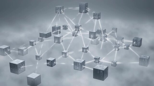 Floating metallic cubes shift through misty gray environment while bright connecting lines span between them, forming a layered digital network of distributed patterned nodes