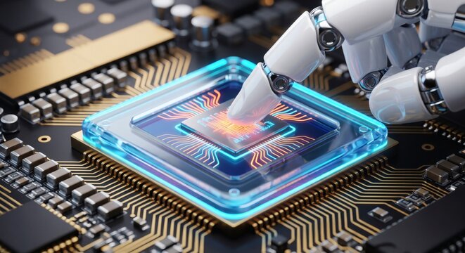 Precision robotic CPU soldering, automated manipulator arm soldering silicon microprocessor on PCB. Cleanroom microelectronics fabrication line produces high throughput modern computer chipsets.