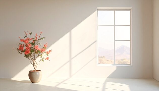 Sunlit Minimal Interior with Flowering Plant and Mountain View