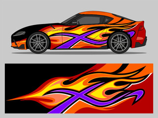 Fototapeta premium Vibrant Flame Design Sports Car with Custom Vinyl Wrap.