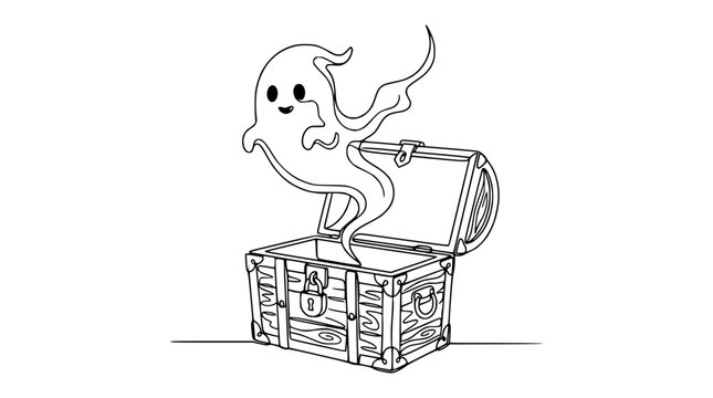 Cute ghost emerging from treasure chest, isolated on transparent background