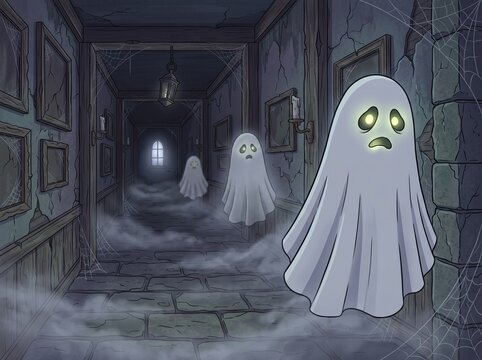 Halloween Ghosts in Cold Blue-White Haunted Stone Corridor