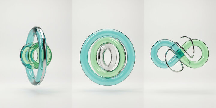 Abstract glass rings and infinity shapes in teal and green on a white background