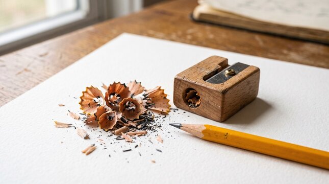 A wooden pencil sharpener with a pile of fresh shavings on a blank white surface, simple and nostalgic.