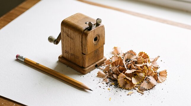 A wooden pencil sharpener with a pile of fresh shavings on a blank white surface, simple and nostalgic.