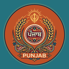 Fototapeta premium Illustrated emblem featuring regional script wheat motifs and sun symbol representing cultural heritage with sun elements decorative circular design