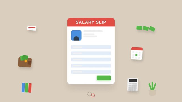 Minimalist digital illustration of a salary slip document with wallet and calculator icons, concept for income tracker and budget planning, ideal for financial app design.