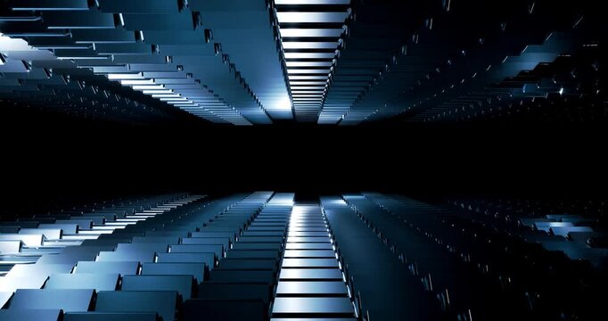 Camera moving through tunnel of abstract dark metallic cubes shifting like waves with bright reflections