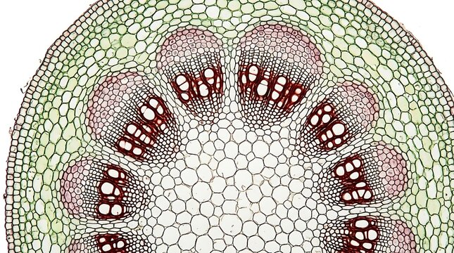 Microscopic cross section view of a dicot plant stem showing vascular bundles and cell structure