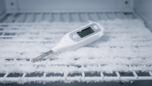 Digital Thermometer in Freezer: A digital thermometer rests on the frost-covered shelf of a freezer, hinting at temperature measurement and preservation.