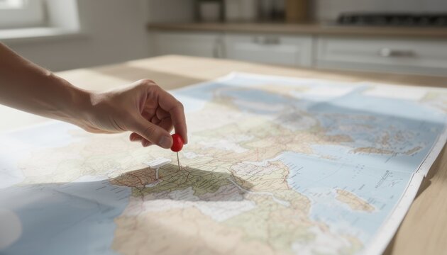 Planning a Journey: A hand with a red pin marks a destination on a world map spread across a wooden table, embodying the excitement of travel planning.