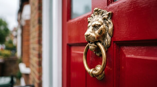 Brass lion head door knocker mounted on a vibrant red wooden entrance