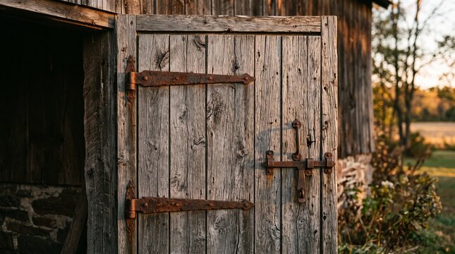Rustic wooden barn door with rusty hinges and latch in countryside
