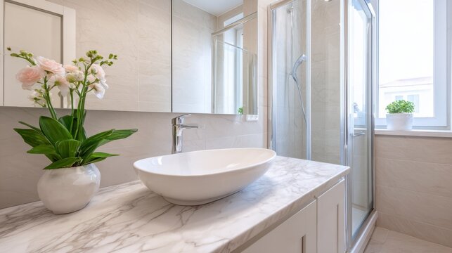 Elegant and Modern Bathroom Design Featuring Marble Countertops, Contemporary Sink, Shower Area, and Fresh Floral Accents for a Relaxing Atmosphere