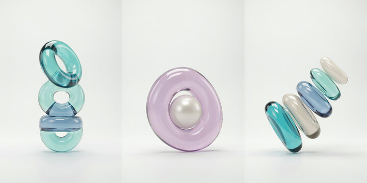 Abstract glass torus shapes and floating spheres arranged in three artistic compositions