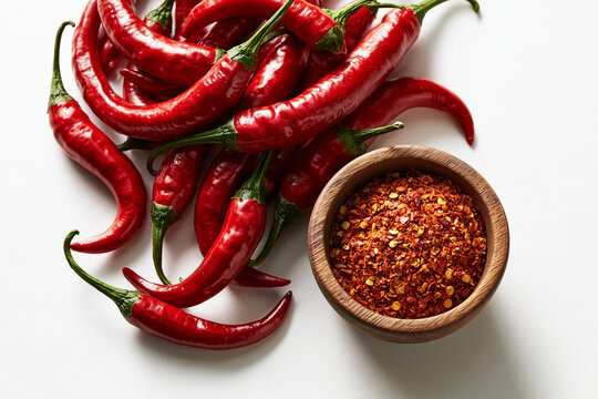 Fresh red chili pepper spicy vibrant high angle studio wooden bowl crushed chili seasoning ingredient food Fresh red chili pepper and crushed chili wooden bowl spicy vibrant ingredient for cooking