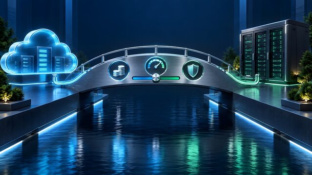 Futuristic 3D bridge connecting cloud computing platform to physical server rack with cost, performance, and security icons representing hybrid IT infrastructure migration.