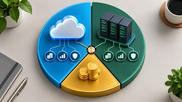 3D pie chart on office desk visualizing IT budget allocation between cloud computing infrastructure, physical servers, and financial investment costs.