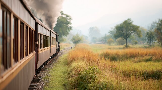 Vintage Steam Train Traveling Through Lush Green Fields and Misty Mountains in a Picturesque Landscape