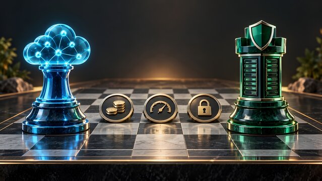 3D chess board featuring glowing cloud computing piece and physical server rook competing for cost, speed, and security tokens representing IT infrastructure strategy.