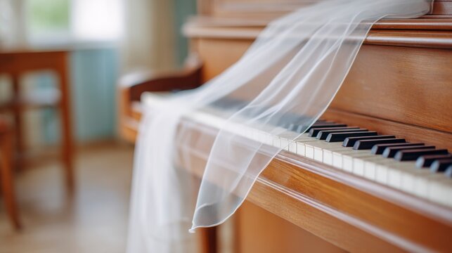 An Elegant Piano with a Sheer Fabric Draped Over Its Keys, Illuminated by Soft Natural Light Creating a Cozy, Inviting Atmosphere in a Room
