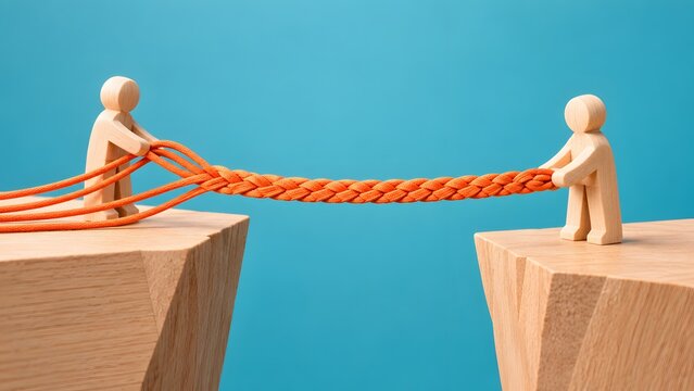 3D wooden figures weaving multiple orange threads into a strong braided rope to bridge a gap between cliffs, symbolizing teamwork, synergy, and building business connections.