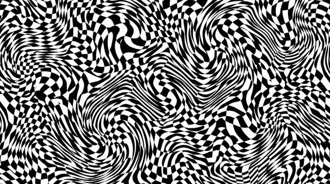 Abstract black and white checkered pattern with wavy distorted optical illusion effect