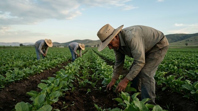 Three farm workers wearing straw hats tending to green crops in a large field during the golden hour with rolling hills in the background