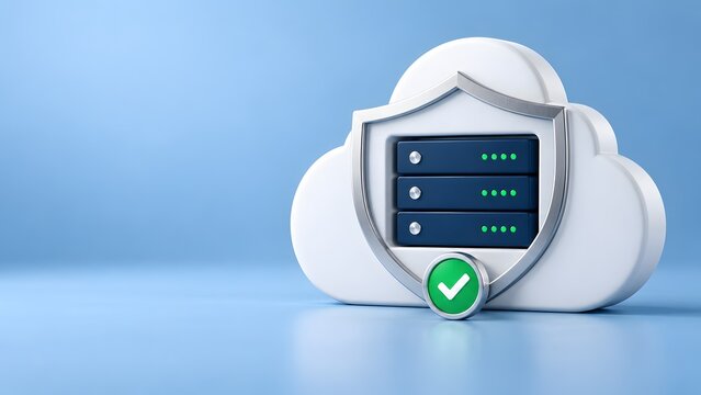 Secure 3D cloud computing concept featuring server racks protected by a shield and a green checkmark for verified data safety.