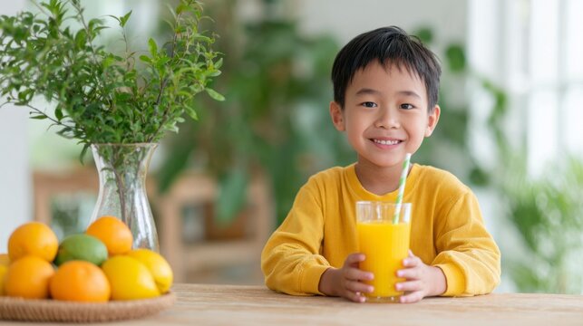 A cheerful child enjoys a refreshing glass of orange juice while surrounded by fresh fruits in a bright and cozy setting, showcasing natural light and a joyful atmosphere.
