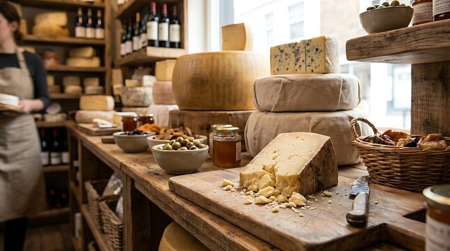 A rustic cheese shop interior featuring a variety of artisanal cheeses, including large wheels and wedges, displayed on wooden shelves and a cutting board