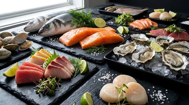 A highangle view of a diverse selection of fresh raw seafood, including salmon fillets, whole fish, oysters, scallops, and sashimi arranged on slate platters