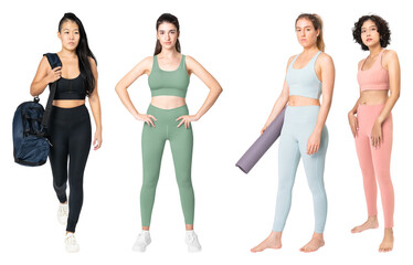 Obraz premium PNG Diverse women modeling activewear outfits on transparent background