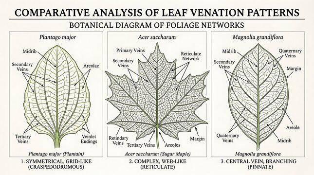 Comparative analysis of leaf venation patterns showing plantago major, acer saccharum, and magnolia grandiflora botanical diagrams