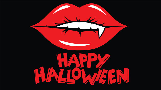 Happy Halloween Vector Illustration with Glossy Red Vampire Lips and Sharp Fangs Biting Bottom Lip on Black Background, Spooky Sexy Dracula Style Party Invitation Poster Graphic Art
