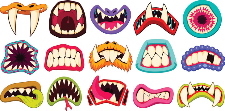 Collection of Colorful Cartoon Monster Mouths with Sharp Teeth, Fangs, and Tongues. Scary and Funny Creature Jaws Vector Set for Halloween, Games, and Mask Designs Isolated on White Background