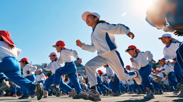Elementary school students running energetically on the school grounds (physical education class, sports day)