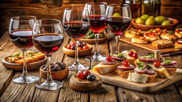 Tapas and wine pairings artfully arranged on a rustic wooden table amidst glasses filled with crimson red wine